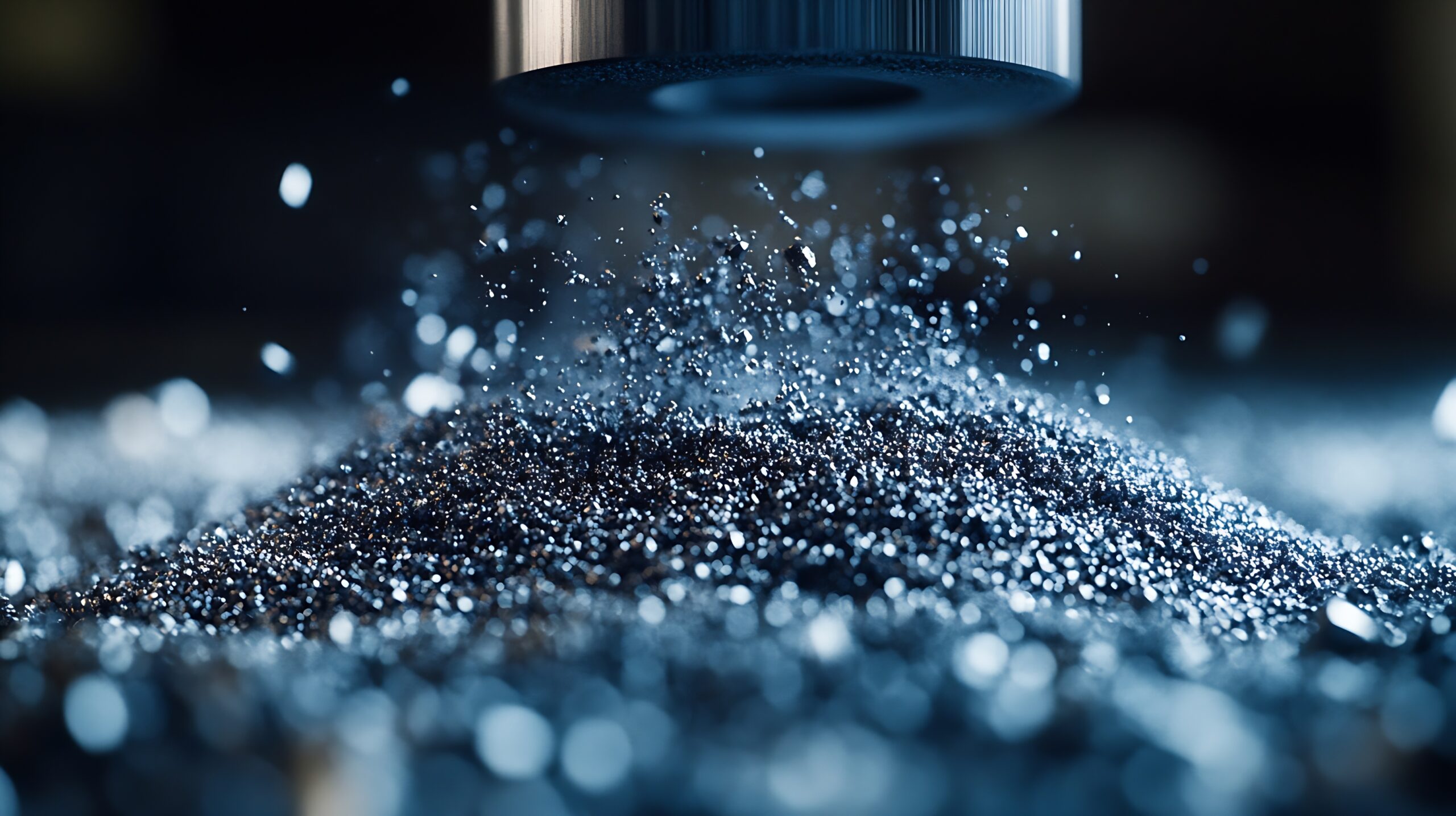 Close-up of fine metallic powder falling from industrial equipment onto a shimmering pile