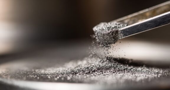 Focused medium shot of titanium metal powder being carefully layered for casting a partial denture framework with soft tools in a shallow depth of field.