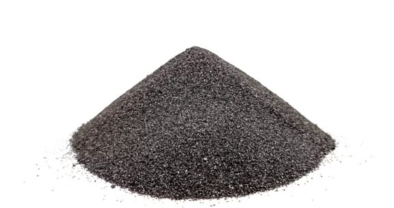 Conical pile of dark gray iron powder on a white background.