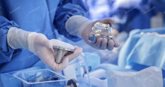 Surgeon holding knee implant components during total knee arthroplasty in a sterile surgical room.